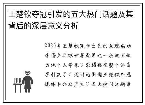 王楚钦夺冠引发的五大热门话题及其背后的深层意义分析